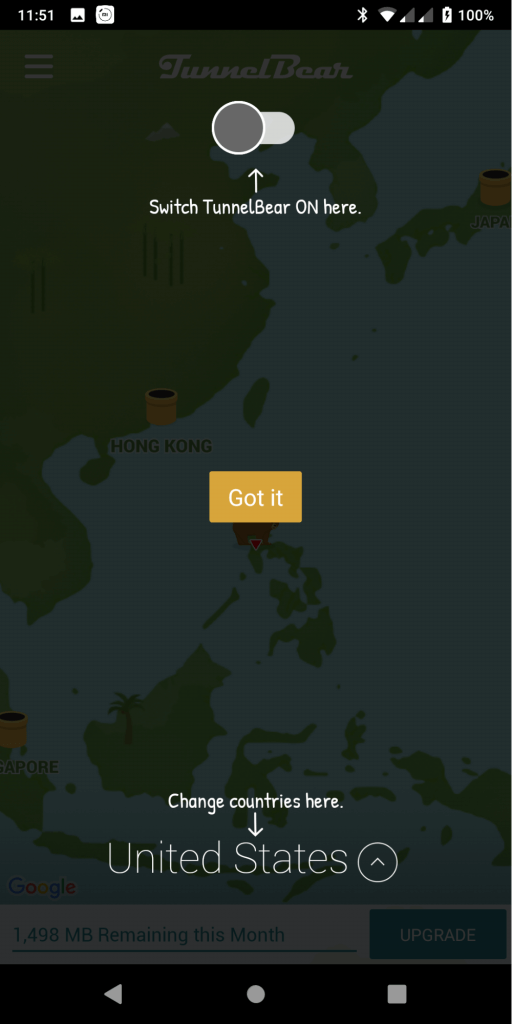 tap on the toggle switch to connect to tunnelbear vpn servers